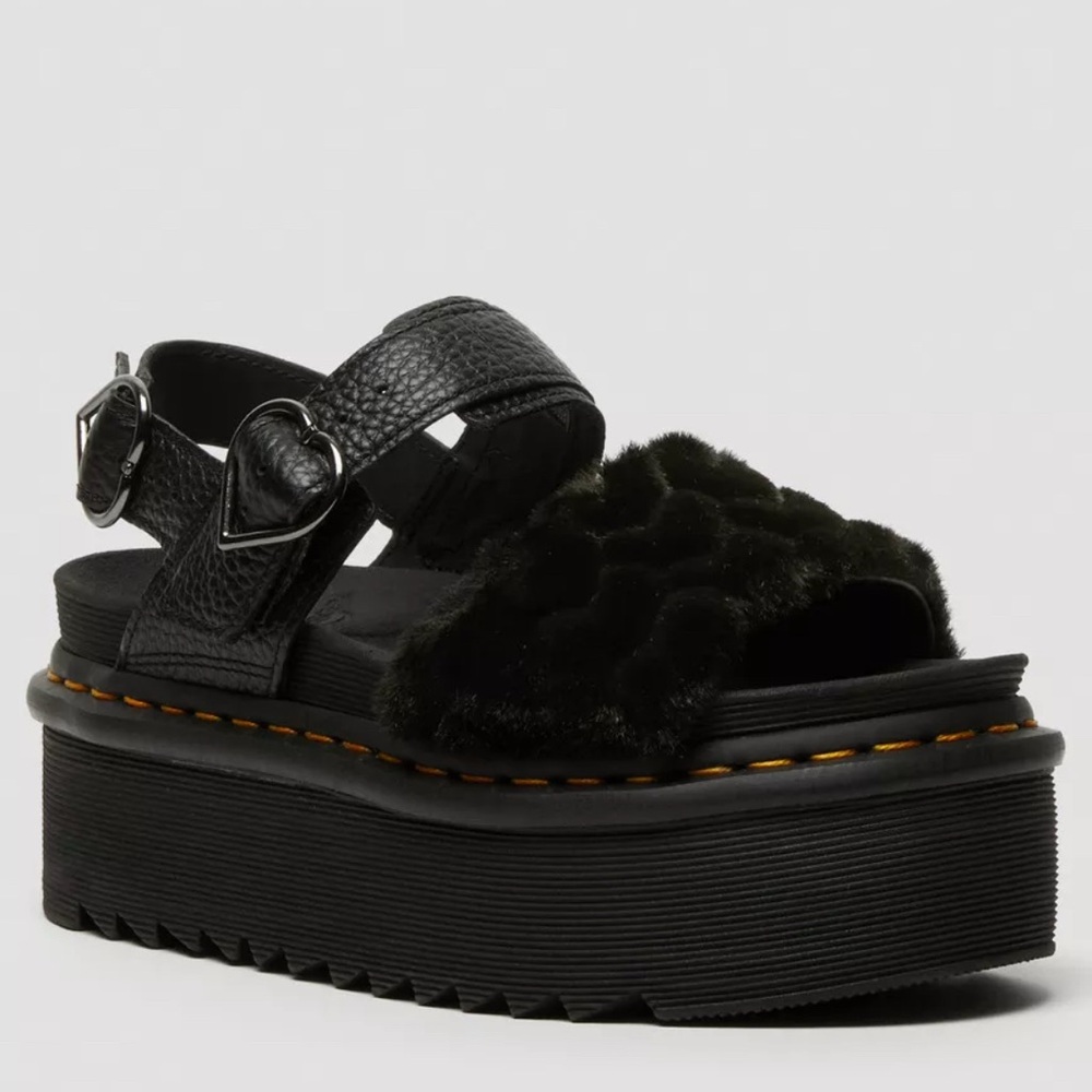 Dr Marten VOSS FLUFFY FAUX FUR PLATFORM SANDALS in Black — Milled Nappa